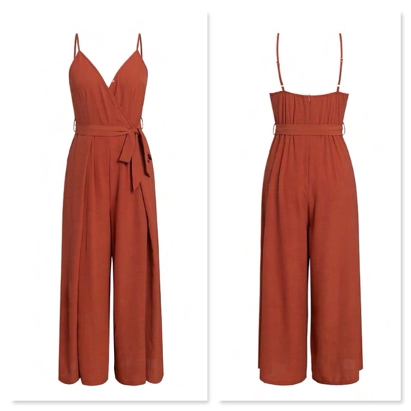 Wide Leg High Slit Surplice Belted Jumpsuit - Picture 5 of 8